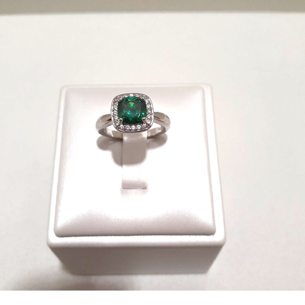 Sterling Silver Ring Simulated Emerald Haloed CZ's Size 6